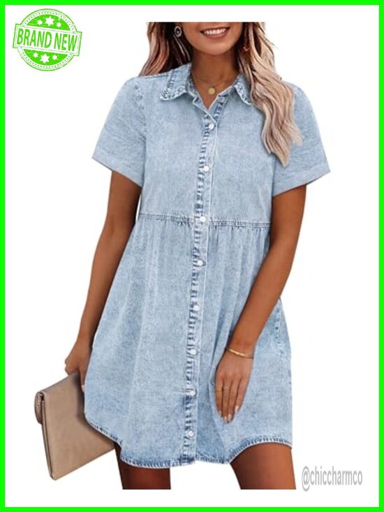 Dresses & Skirts - Babydoll Tiered Short Sleeve Button Down Denim Dress